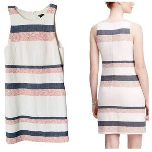 Ann Taylor Boucle Shift Dress Cream Blue Red Stripe Sleeveless Classic 10